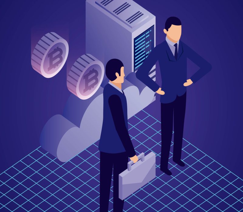 data network businessman concept data network businessman bitcoins datacenter clouds vector illustration